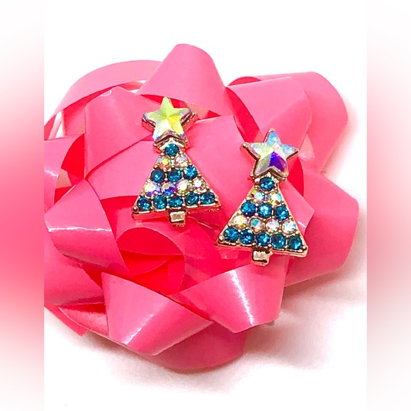 AB Rainbow and Teal Crystal Christmas Tree Rose Gold Tone Studs Stud Earrings - Picture 1 of 4